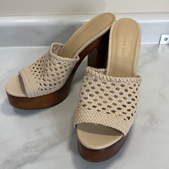 Veronica Beard Guadalupe Wooden Heel Mules Women’s Size 11M Shell Woven Leather - Picture 2 of 12